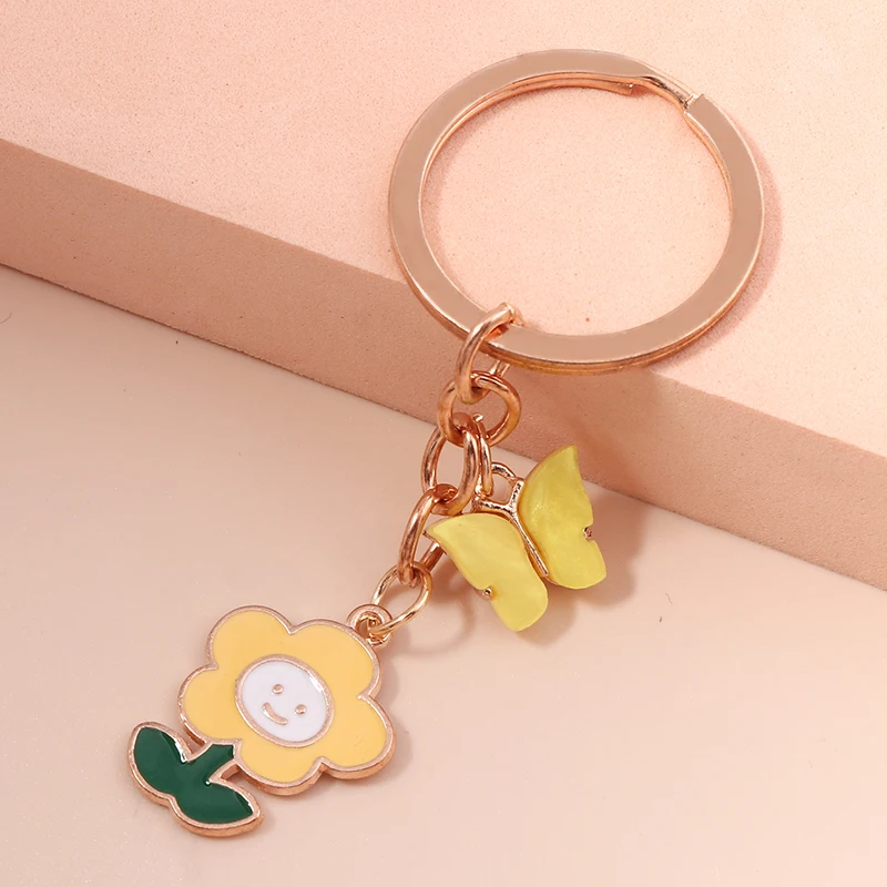 

New Enamel Sunflower Keychain Acrylic Butterfly Key Ring Bag Pendants Accessories Women Men Car Keys Best Friend Gifts