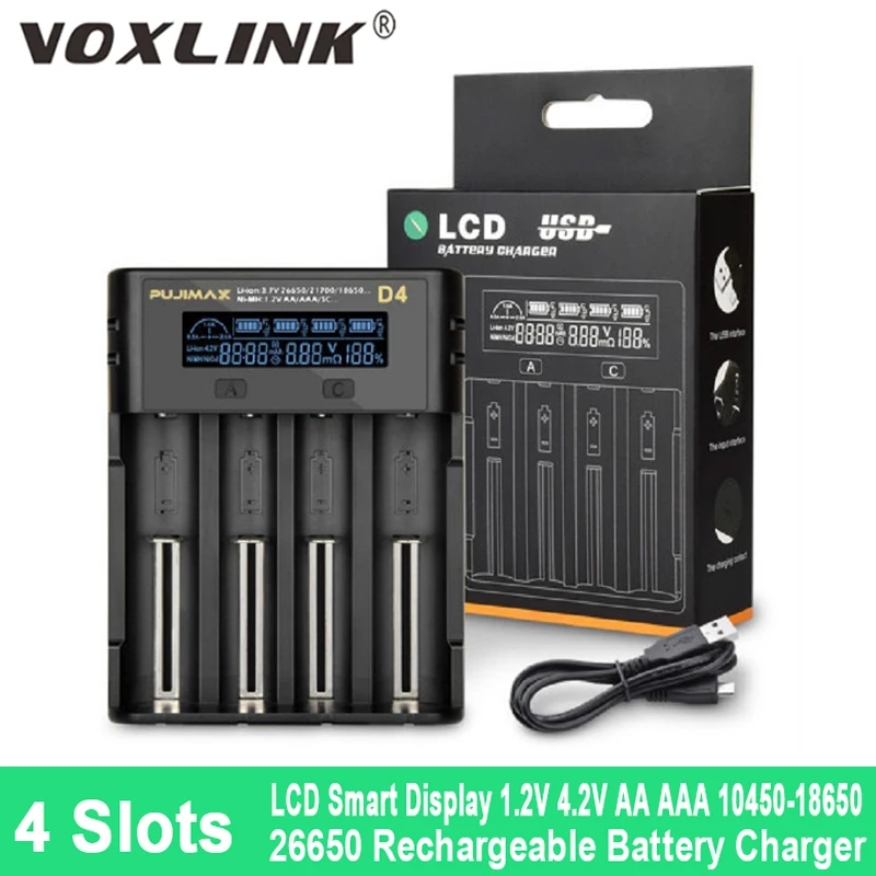 

VOXLINK 4-Slot Battery Charger 18650 Lithium Battery Pack LCD Display Li-ion Batteries Charging with Cable for 26650 21700 22650