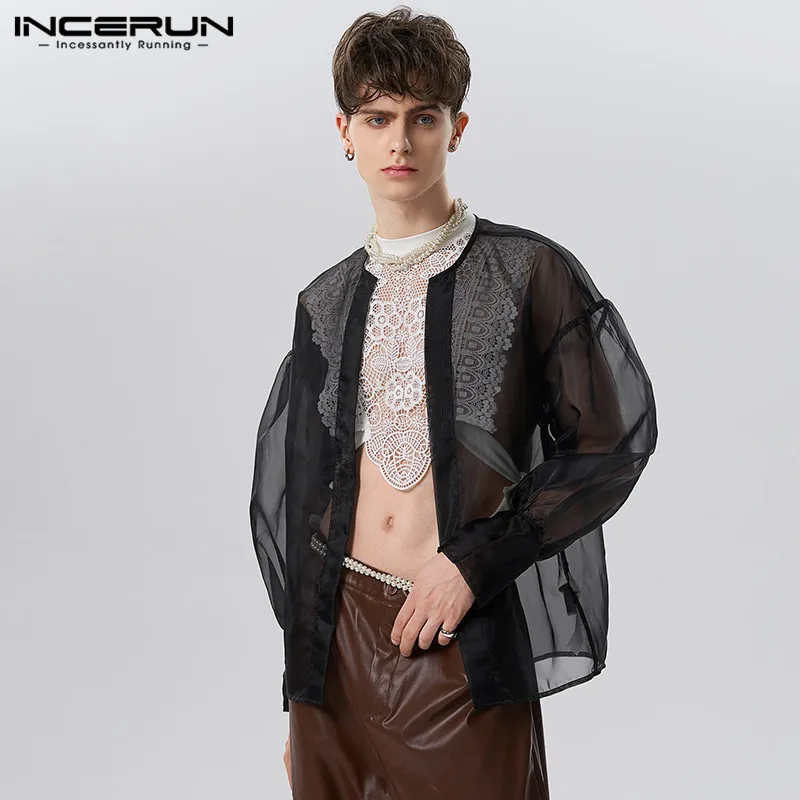 

Court Style New Men's Loose Fitting Comfortable Shirts Casual Sexy See-thtourh Mesh Thin Cardigan Blouse S-5XL INCERUN Tops 2023