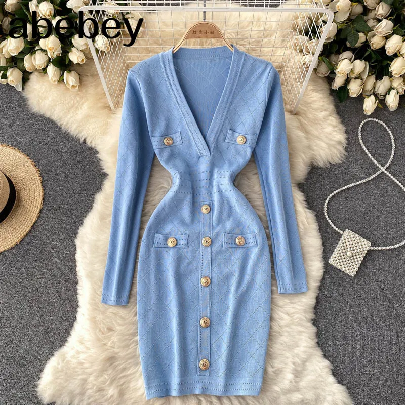 

Women Knitted Pencil Dress Korean Long Sleeve V Neck Elastic Slim Dress Autumn Winter Sexy Bodycon Warm Sweater Dress