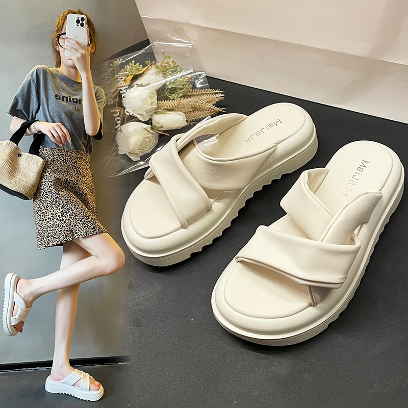 

Сандалии женские на толстой подошве, модные босоножки с узкими ремешками, повседневная обувь из искусственной кожи, тапки на платформе, лето, 2022