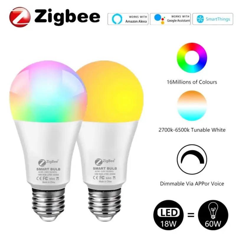 

Tuya Zigbee LED Smart Light Home E27 LED Bulbs APP Control 12W/15W /18W RGB+CW+WW Alexa Lamp Dimmable Work With Google Home