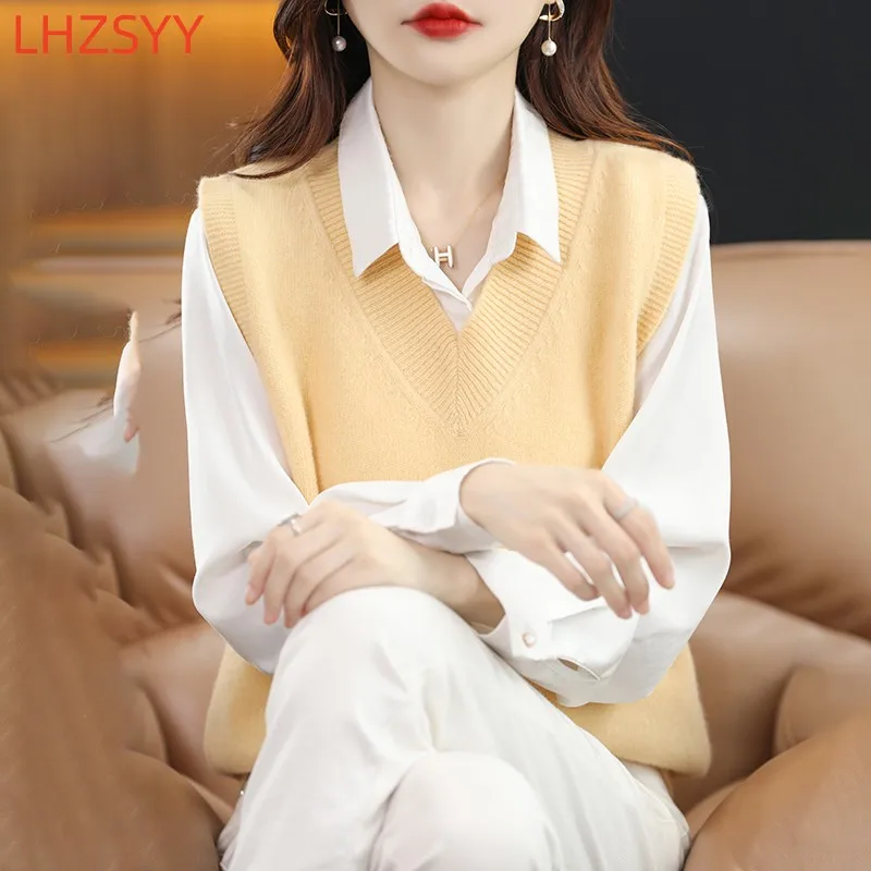 

LHZSYY Women's 100% Pure Wool Waistcoat Spring/Autumn New Vest Sleeveless Sweaters Casual Loose Knit V-neck Outside To Pullover