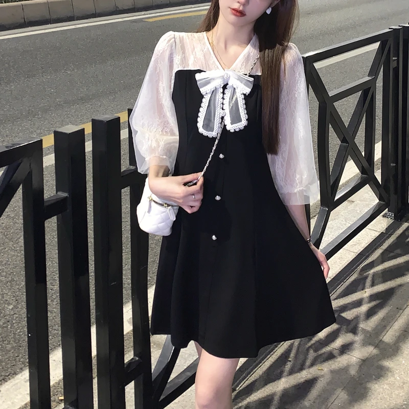 Женское кружевное платье в стиле пэчворк летнее женское элегантное черное