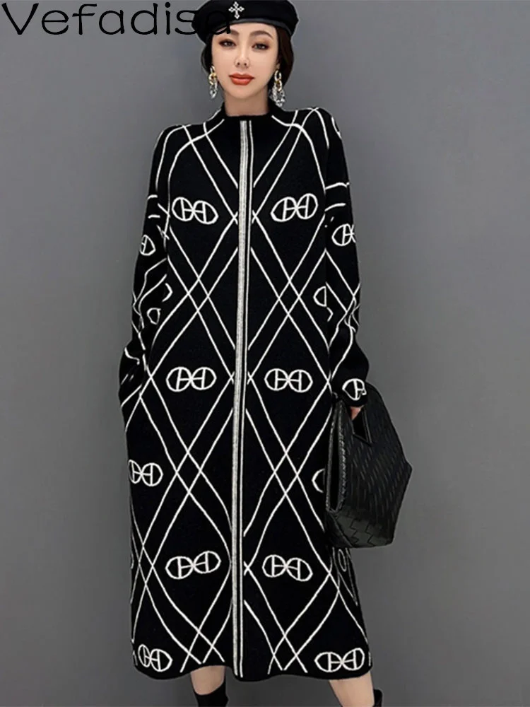 

Осень 2023, женское вязаное платье-свитер Vefadisa с круглым вырезом, свободное платье-свитер средней длины в полоску, элегантное черное платье с принтом LHX2948