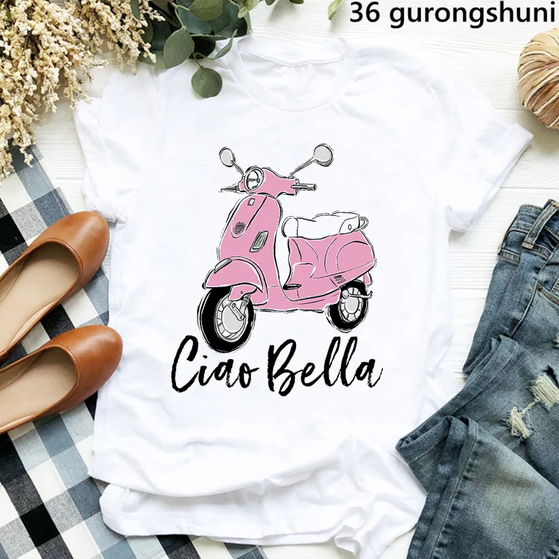 

Футболка женская с графическим принтом автомобиля good vibes Vespa, Стильная белая Модная рубашка, на лето