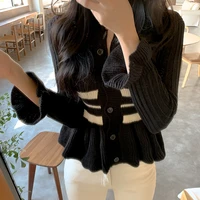2020 autumn winter women sweaters female cardigan knitted coat splicing striped o neck elegant office lady knit ruffled tops new