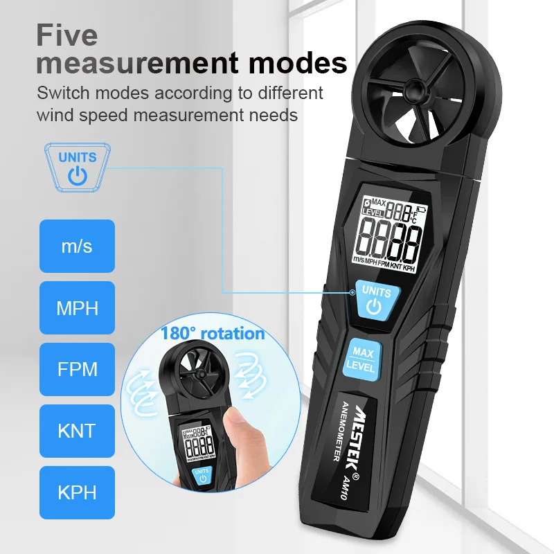 

Ручной цифровой анемометр с ЖК-дисплеем, измеритель скорости ветра, измеритель с пятью режимами, вращающийся эргономичный измеритель скоро...