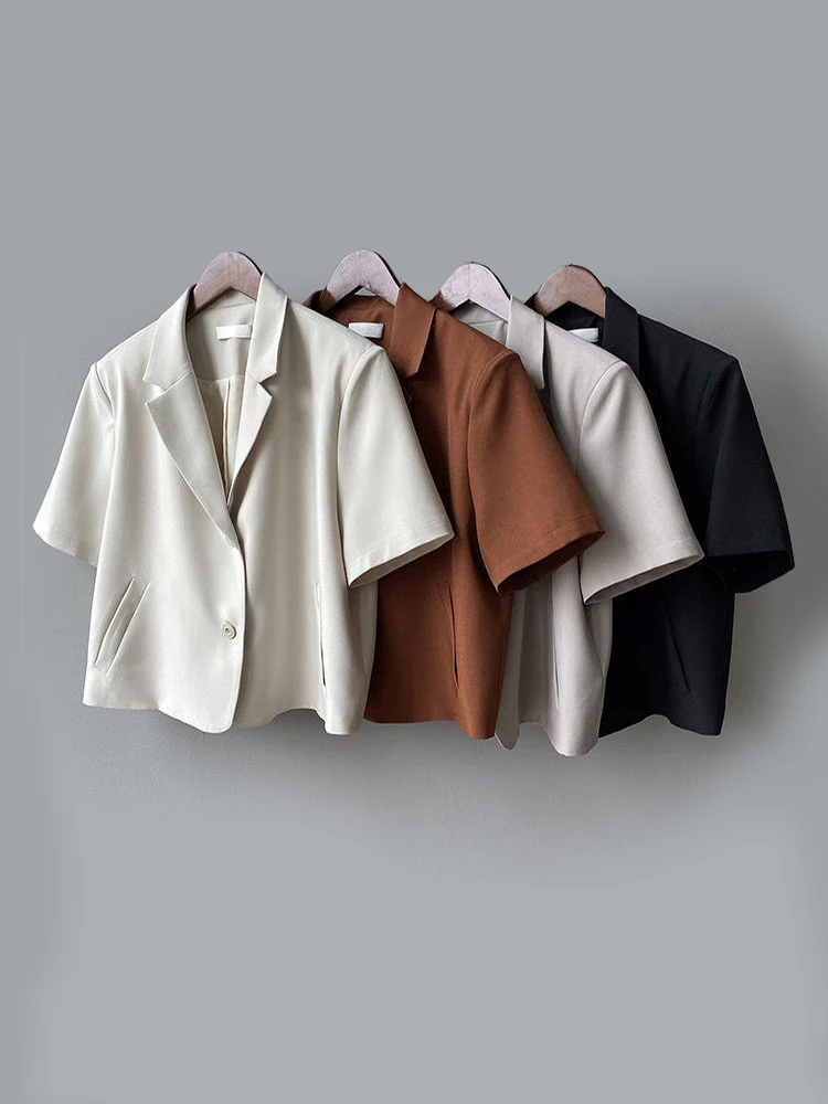 

Fashion Button Up Women Suit Blazer Summer Short Sleeve Thin Coats Loose Design Korean Casual Office Ladies Black Short Blazer