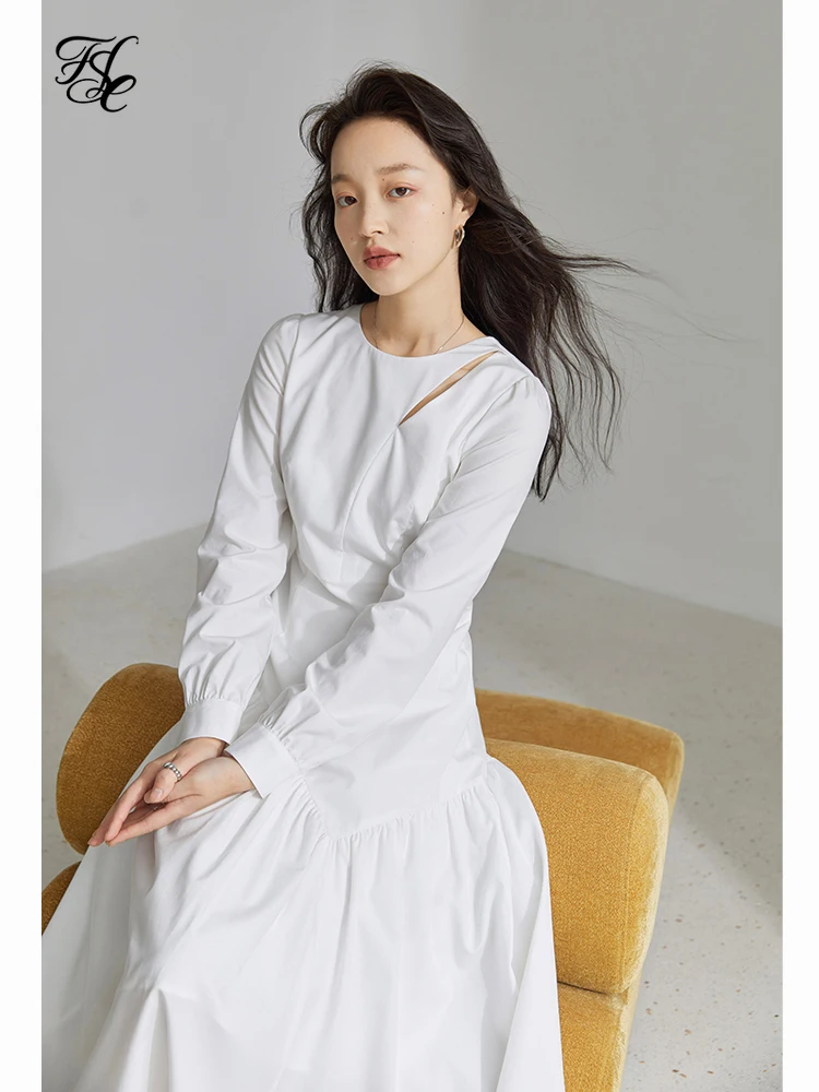 

Женское асимметричное платье FSLE, французское платье с длинным рукавом и круглым вырезом, весеннее однотонное платье на молнии, 2022