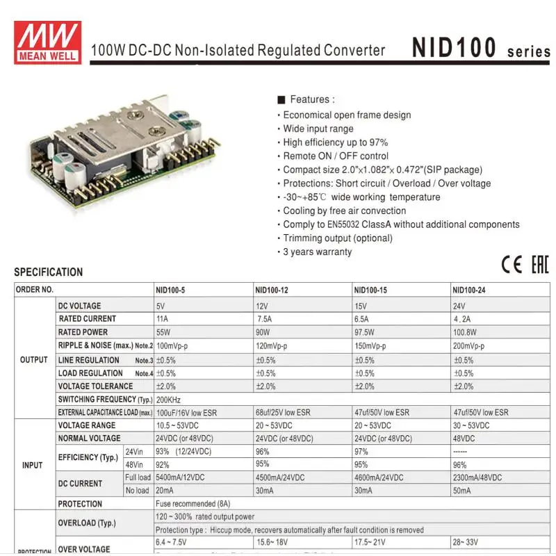Неизолированный преобразователь постоянного тока NID100 100 Вт с одним выходом 5 в 12