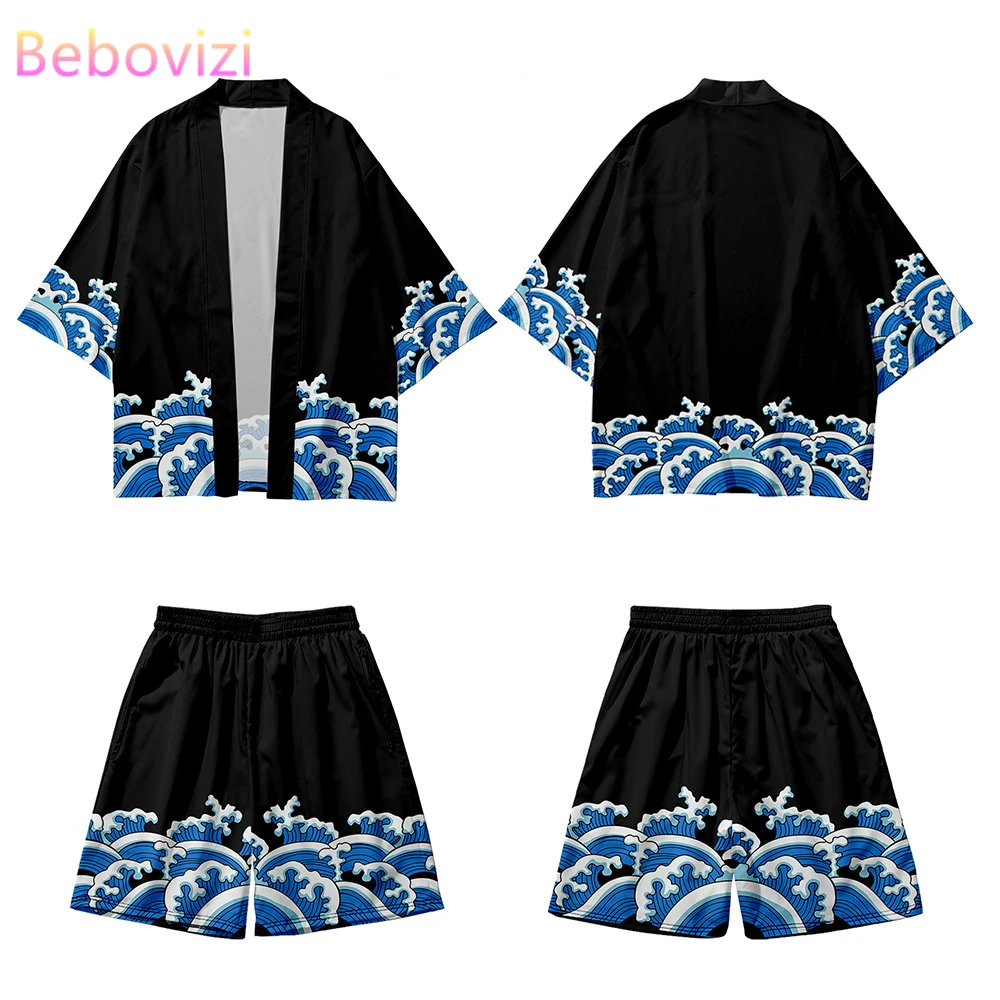 

FashionNovelty Waves Print Cardigan Kimono Shorts Sets Yukata Asian Clothing Shirt Women Men Haori Two-piece Suit men kimono bea