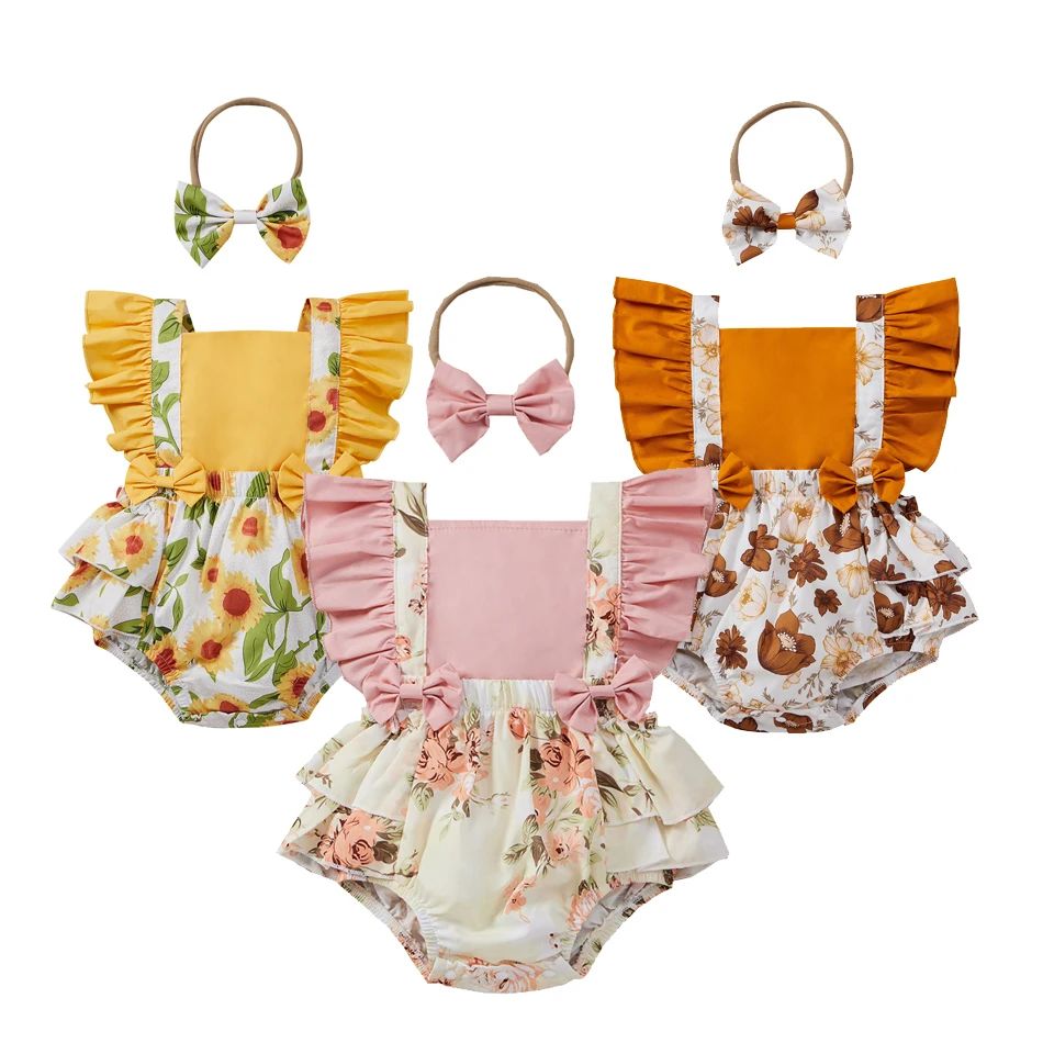 

Girl Summer Bodysuit Baby Newborn Floral Romper 0 3 24 Months Set Clothes New Born with Bowknot Headband Birthday Gift