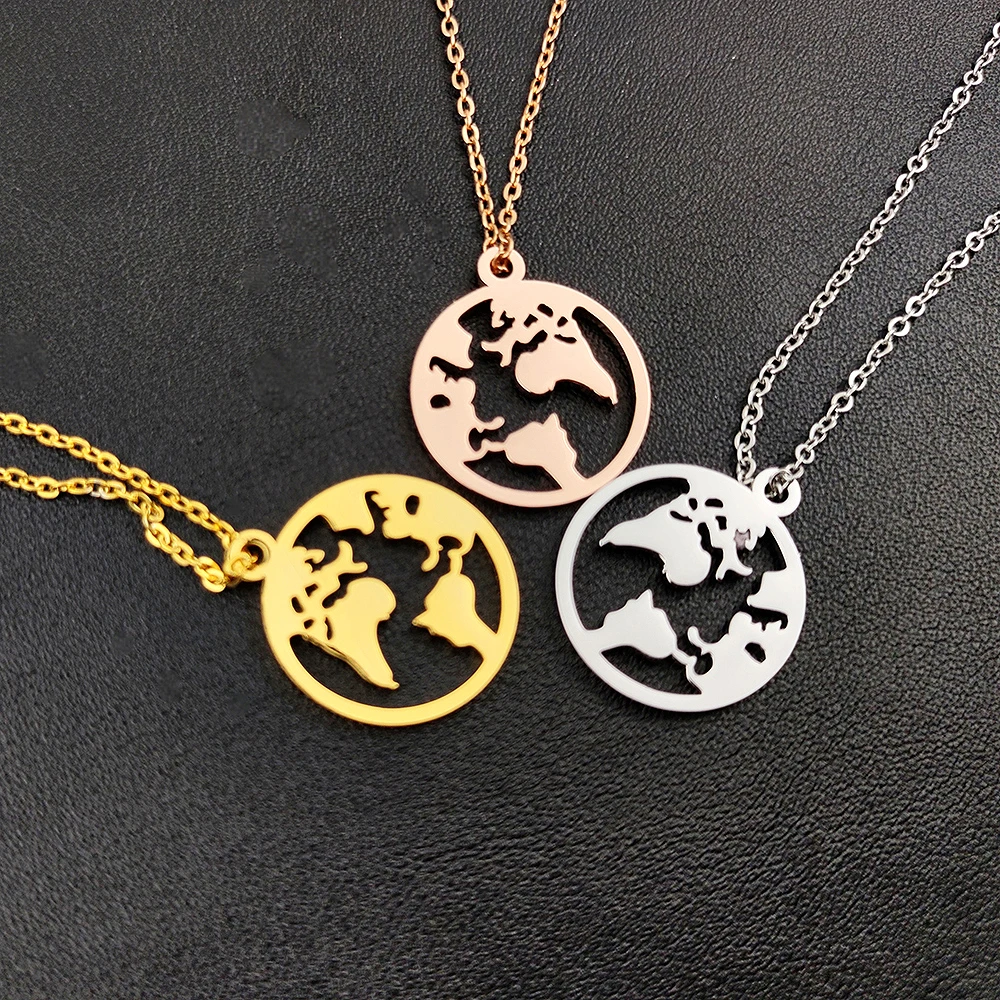 

Stainless Steel Necklace World Map Pendant Necklaces Globe Charm Boho Jewelry For Women Wanderlust Earth Choker Travel Gifts