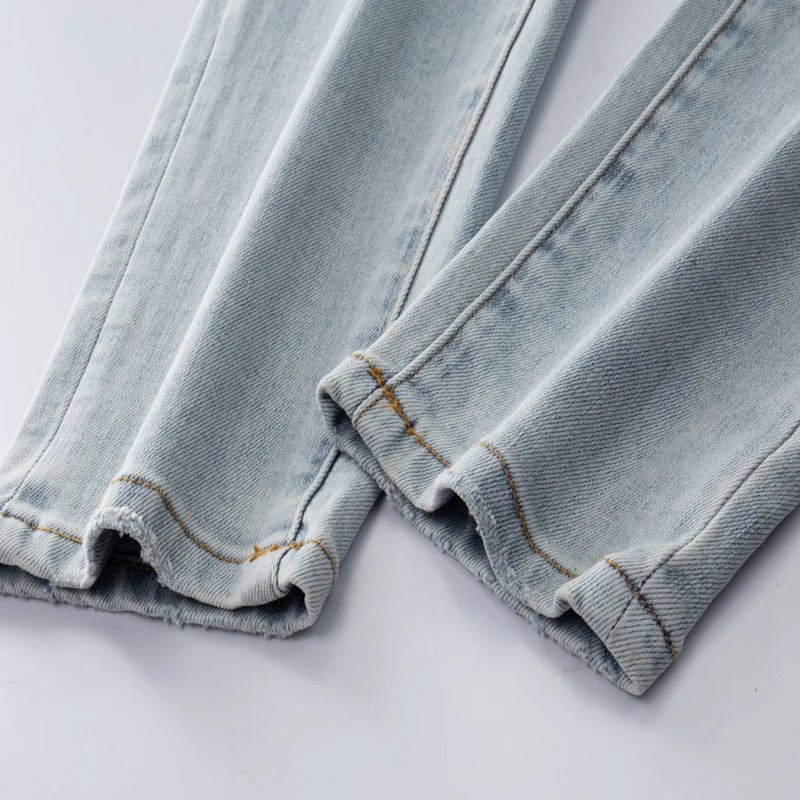 High Street Fashion Men Jeans Retro Washed Blue Stretch Skinny Fit Ripped Jeans Men Leather Patched Designer Hip Hop Brand Pants