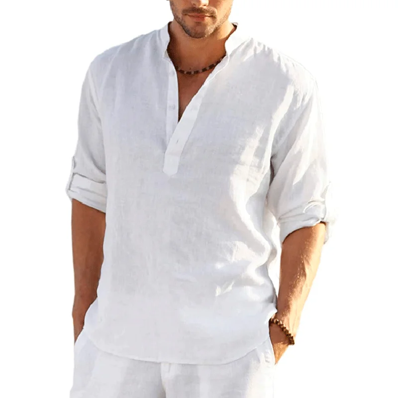New Men's Brand Linen Long Sleeve T-shirt Solid Loose Spring T-shirt Casual Cotton Linen Shirt Plus Size Shirt Men