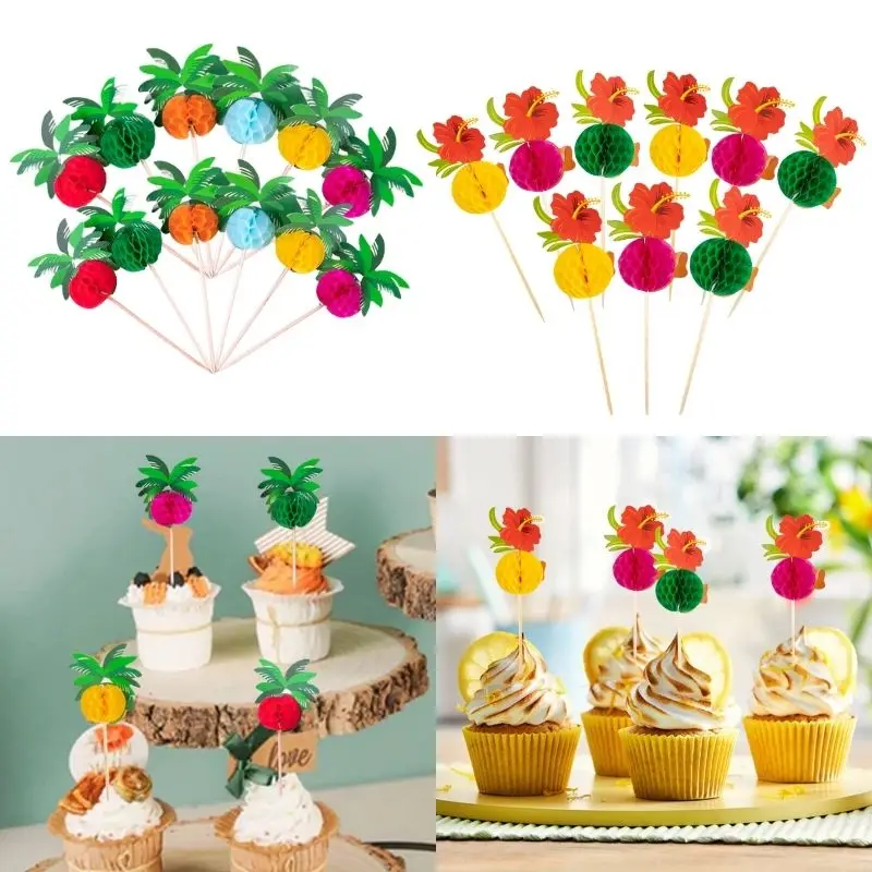 50pcs Hawaii Tropical Coconut tree Hibiscus Flower Cake Topper Hawaii Summer Birthday Decor Tropical Aloha Beach Party Supplies