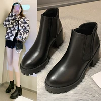 womans ankle boots thick bottom fashion ladies short boots concise hoof heels slip on woman footwear round toe female shoes new