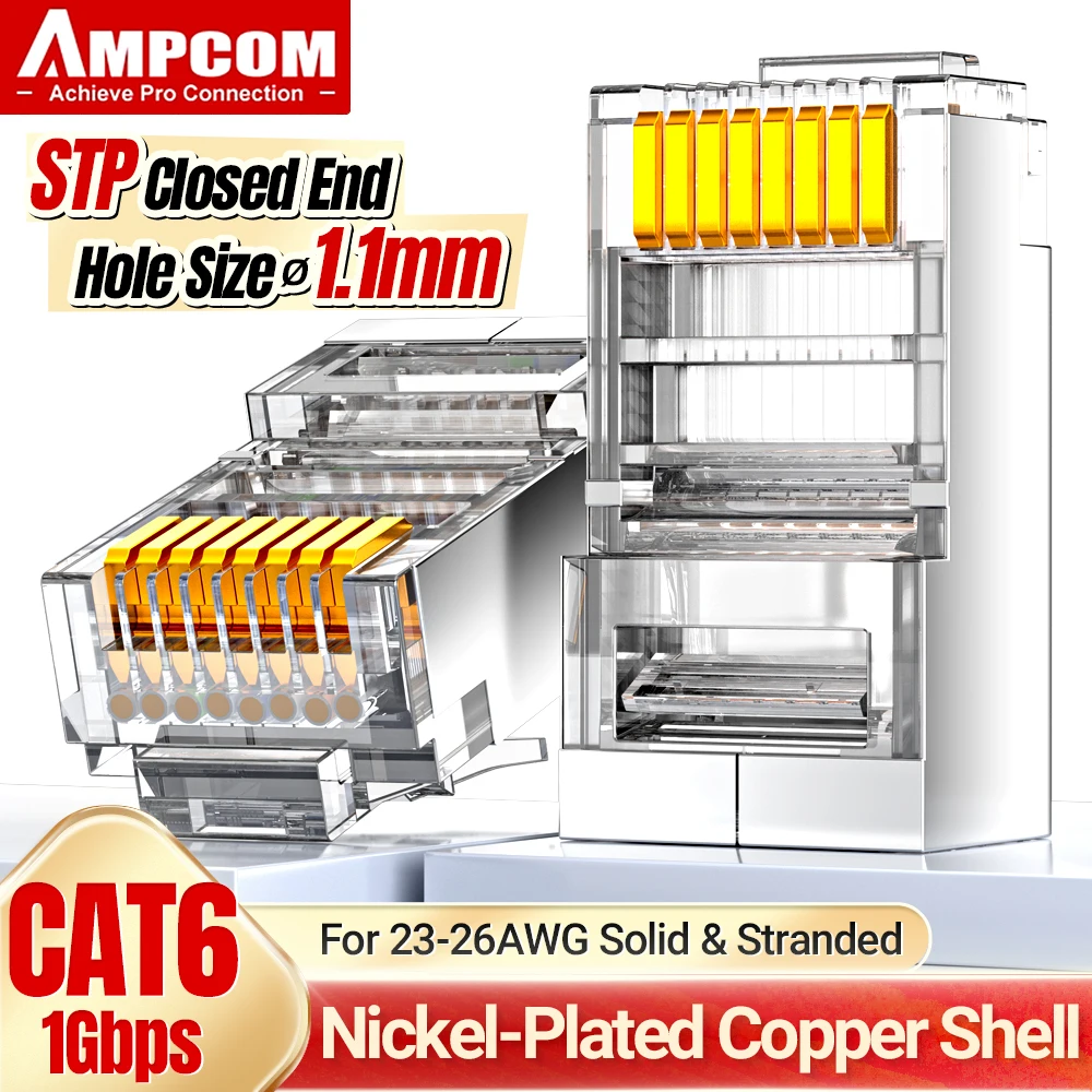 Модульный разъем AMPCOM CAT6, экранированный RJ45, 50 МК, Позолоченные Разъемы 8P8C RJ45, Модульный Штекер, обжимной Конец кабеля Ethernet