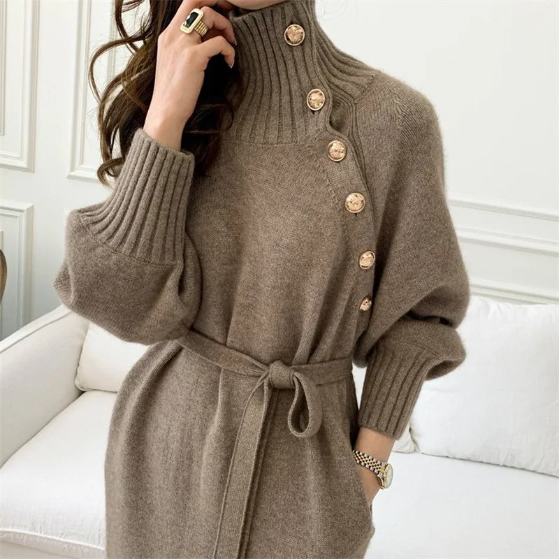 

Winter Turtleneck Sweater Dress Long Sweaters Buttons Women Knitted Dress Elegant Full Sleeve Lace-up Female Thicken New 2022