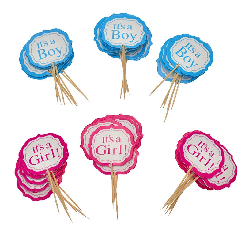 

Baby Shower Party It's a boy/It's a girl Cupcake Toppers Decorate Kids Favors Birthday Blue Pink Cake Toppers With Sticks 24pcs