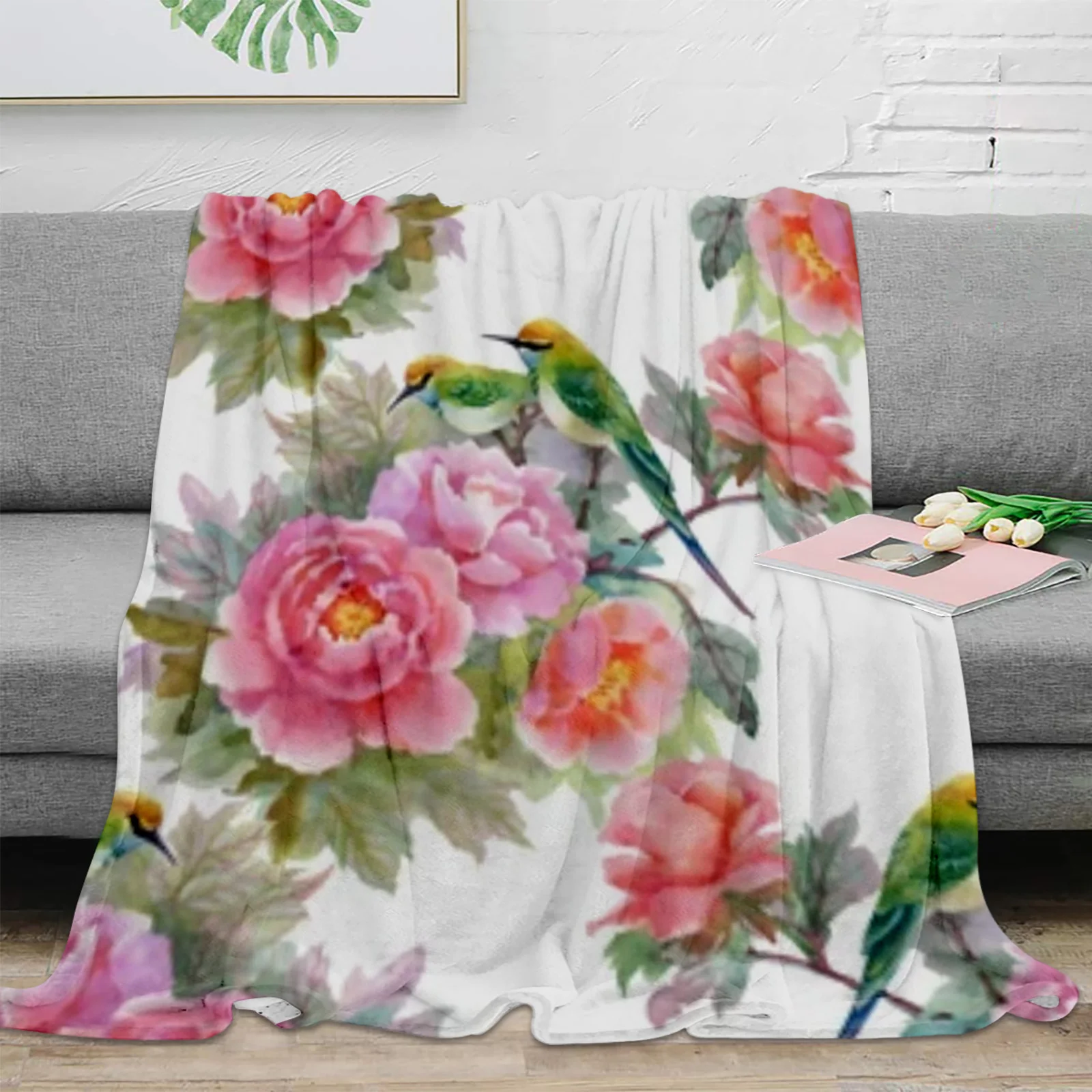 

Pink Roses And Birds Throw Blanket For Sofa Bed Bedroom Bedspread Soft Microfiber Flannel Throw Blanket For Kids Gifts