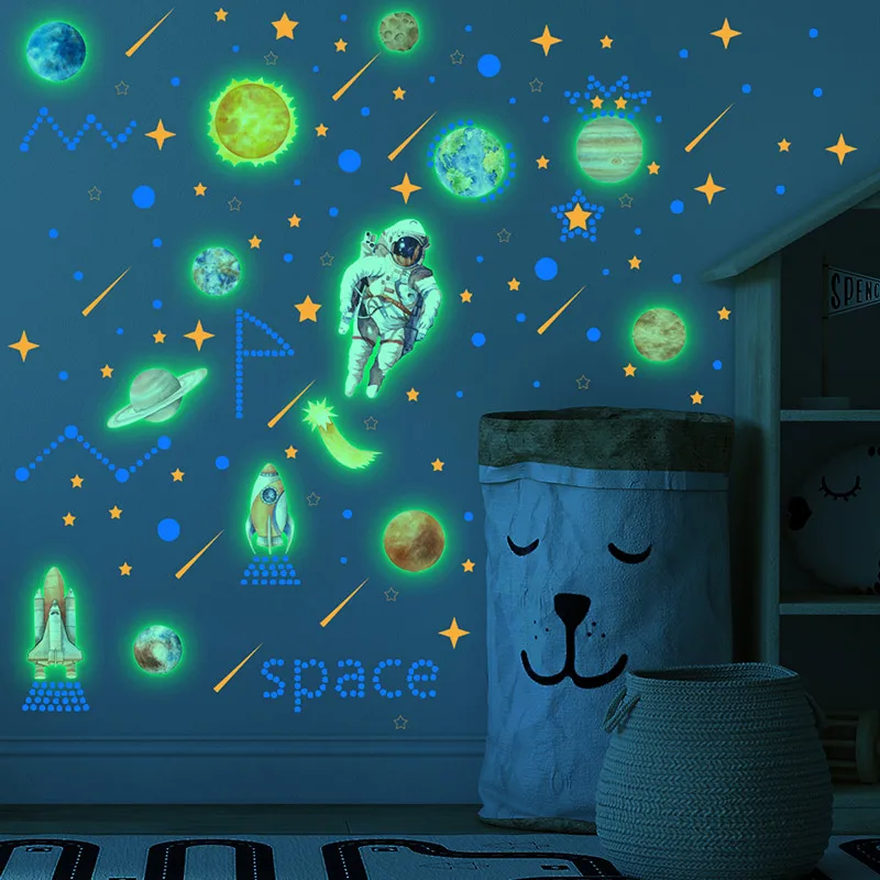 

Cartoon Astronaut Luminous Stickers Rocket Planet Fluorescent Wall Stickers for Children Bedroom Kids room Wall Decor Home Decor
