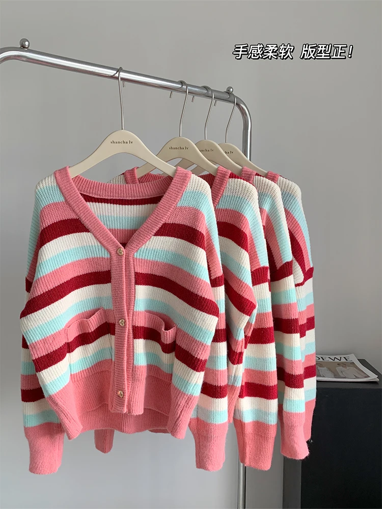

2022 Autumn Winter Women Candy Color Striped Knit Cardigan Long Sleeve V-neck Lady Sweater Heart Single Breasted Knitwear Chic