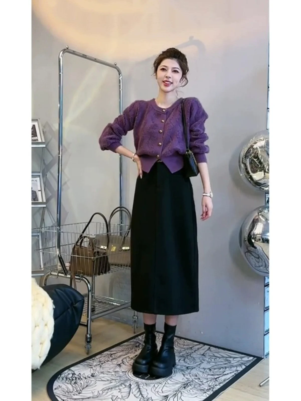 Autumn and Winter Graceful This Year's Popular Beautiful Purple Sweater Half-Length Skirt set Women Deep Winter clothes Match...