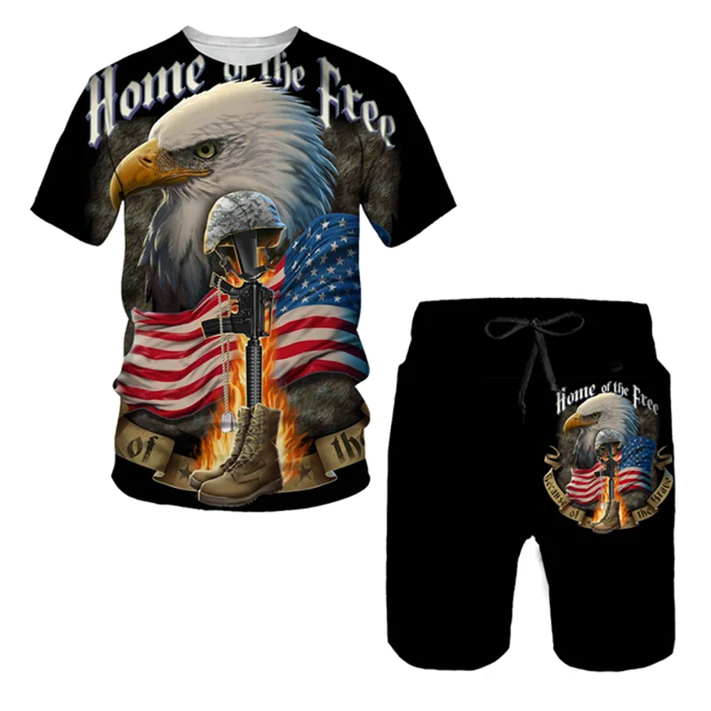 Cool Eagle Printing Summer Men's T Shirt Loose O-neck Short Sleeve Tops Casual Comfortable Shorts 2 Piece Outfit Men Clothing