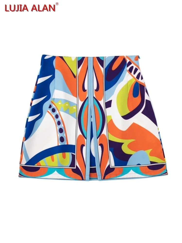 

Placement Print Pleated Design Women Mini Skirts Summer Female High Waist Loose Casual Clothes LUJIA ALAN P2939