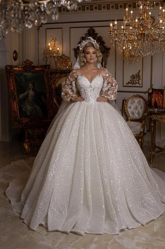 

Retro Shinny Wedding Dresses 2023 A Line Sequins Lace Applique Illusion Neck Long Sleeves Bodice Bridal Gowns Vestidos De Novia