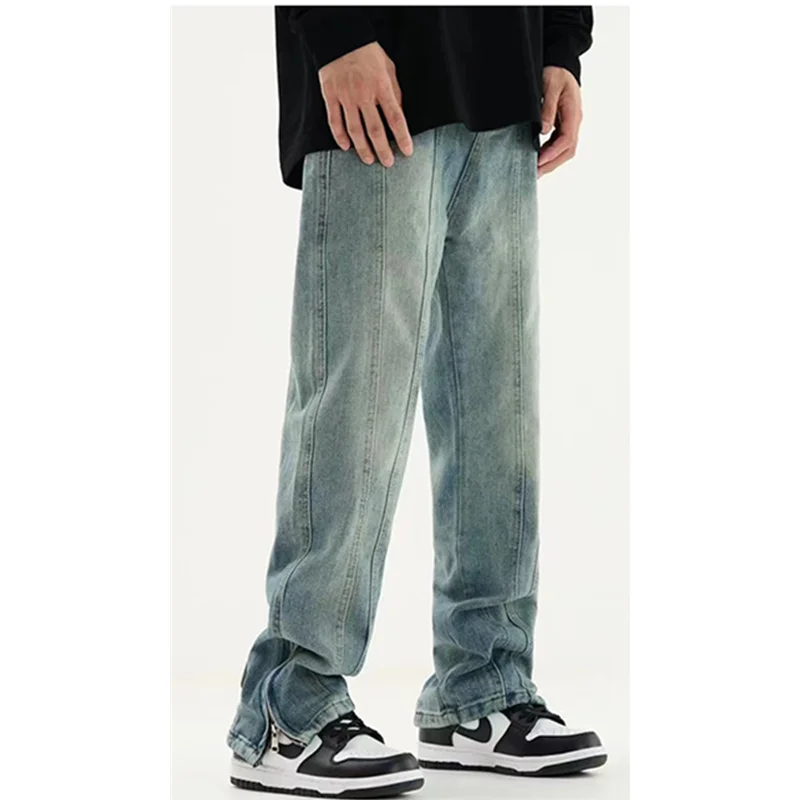 Streetwear Men High Street Stitching Loose Straight Jeans New Distressed Vintage Light Side Zipper Trousers Autumn and Winter