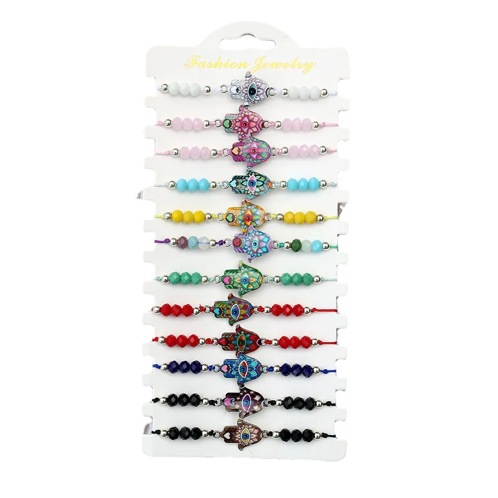 

12 шт./компл. Fatima Регулируемые вручную браслеты для женщин простой Плетеный турецкий глаз Кристальные бусины браслет сглаза ювелирные набор...