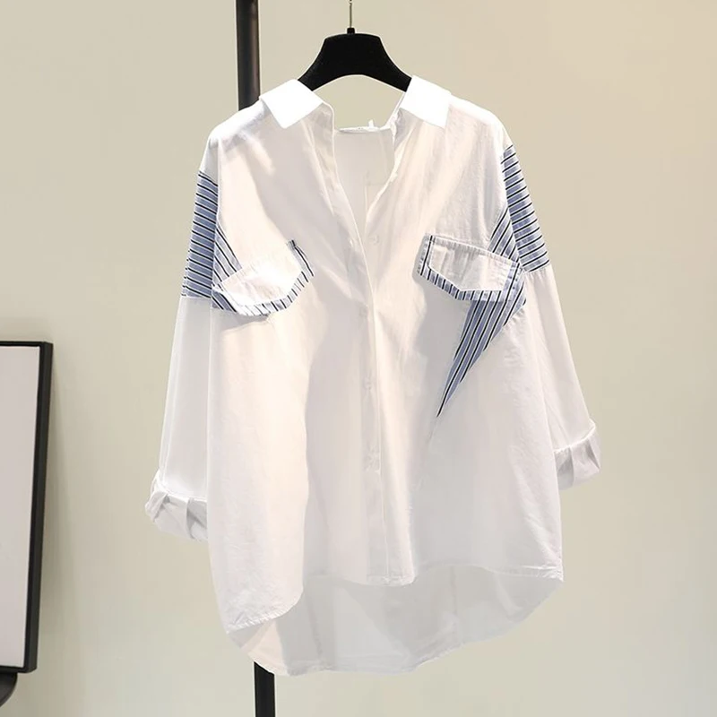 

Hot Sale Korean Style Loose Women's Blouses 2023 Spring Summer Striped Patchwork Women Shirt Turn Down Collar Blusas Y Camisas