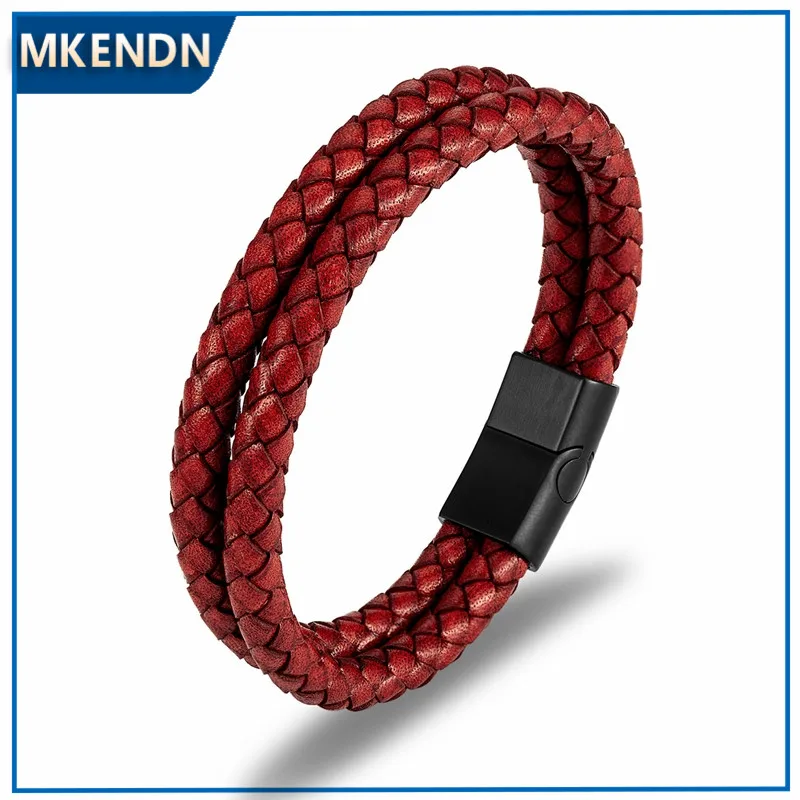 MKENDN мужской ретро двойной плетеный браслет из натуральной кожи в стиле панк мужские женские мужские браслеты ручной работы ювелирные изделия