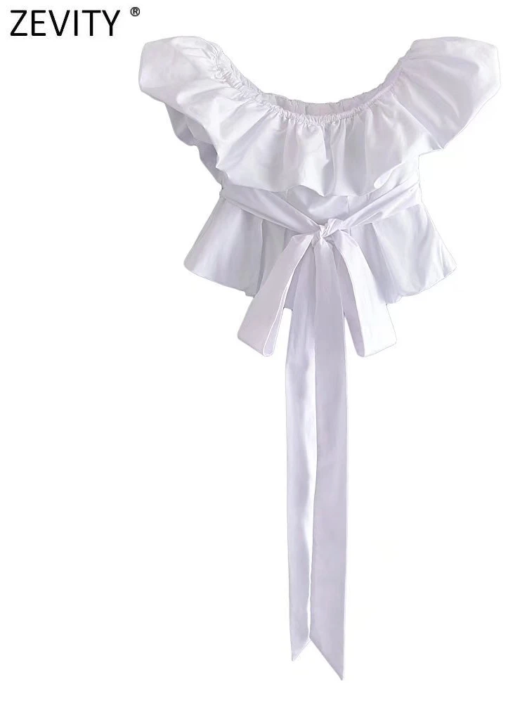 

Zevity Women Fashion Off Shoulder Pleat Ruffles White Poplin Smock Blouses Lady Chic Bow Sashes Shirt Zipper Blusas Tops LS10105