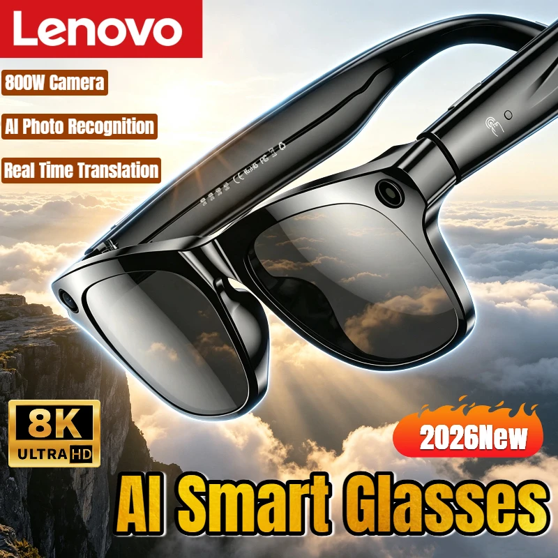 Фото Умные очки Lenovo с камерой 100 МП, 8K HD, Chat GPT, аккумулятором 260 мАч, Bluetooth-звонками, голосовым помощником, управлением, мотоциклетные солнцезащитные очки №1