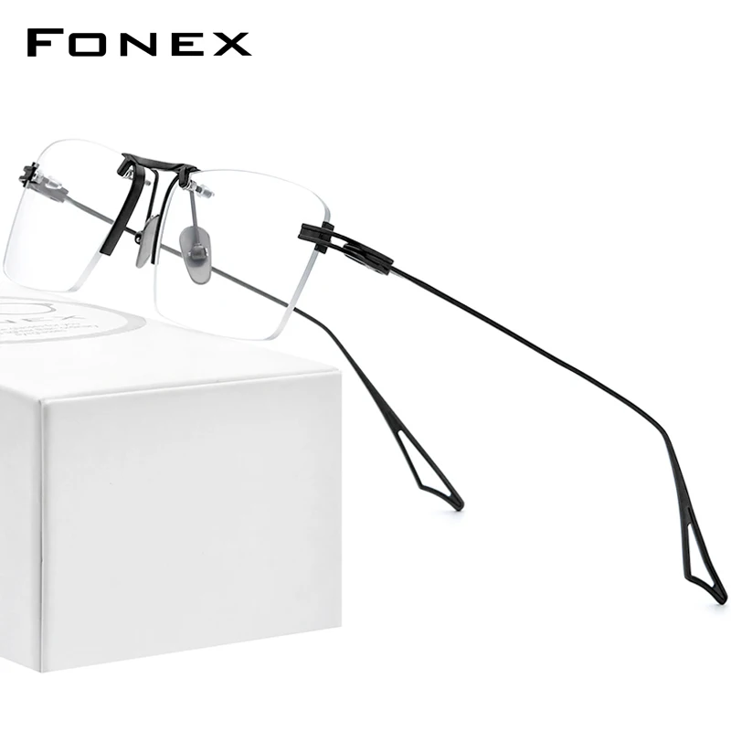 FONEX Titanium Glasses Men New Rimless Square Prescription Eyeglasses Optical Frame Eyewear Act-Six
