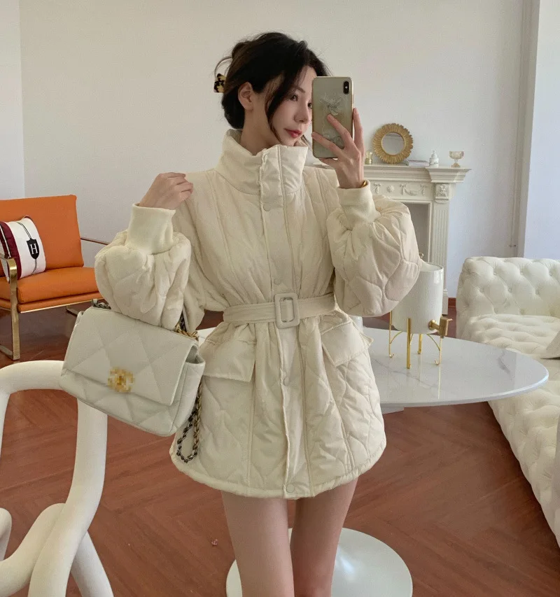 White Parkas Winter Thickened Stand Collar Long-sleeved Women Loose Jackets Solid Color Warm Cotton Padded Clothes Zipper Coats
