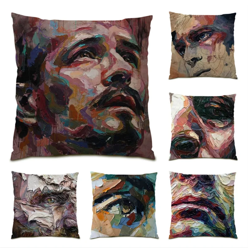 

Polyester Linen Pillowcase Sofa for Living Room Velvet 45x45 Cushion Cover Retro Oil Painting Figure Home Decor Eyes Mouth E1166