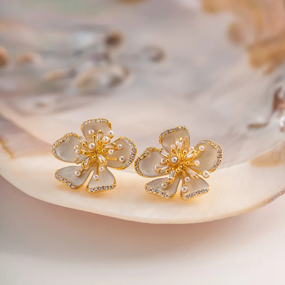

Minar New Arrival White Enamel Simulated Pearl CZ Zircon Flower Dangle Earrings for Women 18K Real Gold Plated Brass Earring