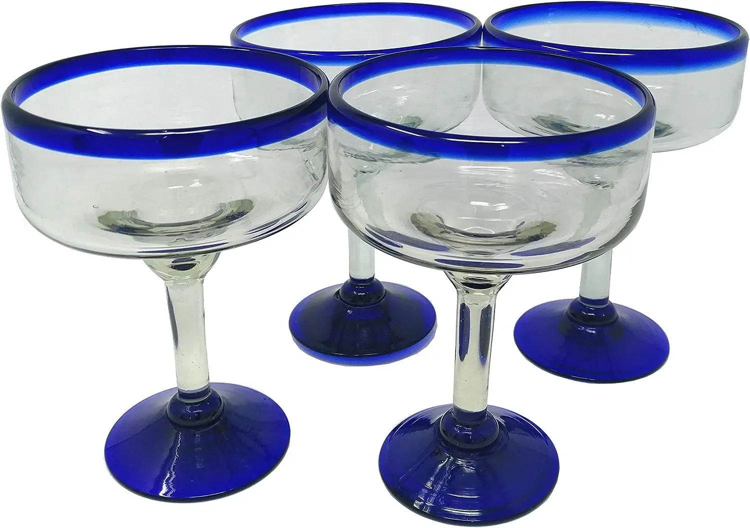 

Hand Blown Glass - Set of 4 Hand Blown Margarita Glasses - Cobalt Blue Rim (16 oz)
