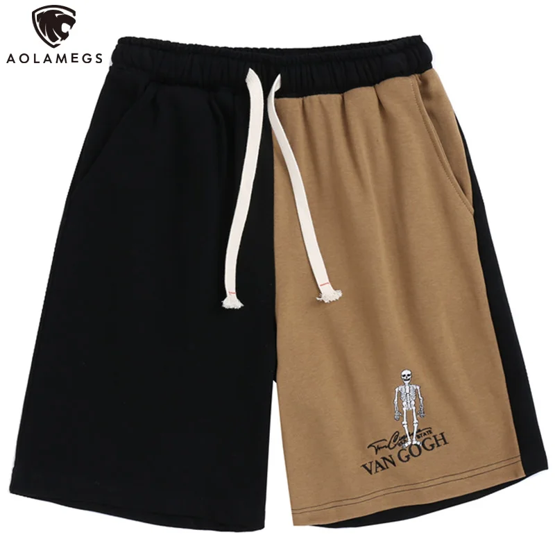 

Aolamegs хит, Цветные Лоскутные шорты с вышитым черепом, мужские баскетбольные шорты до колен в стиле хип-хоп, летние спортивные штаны
