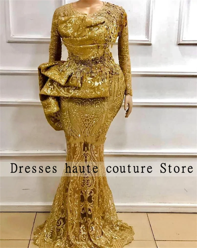 2022 Aso Ebi Gold Sequins Mermaid Evening Dresses Long Sleeves   Ruffled Plus Size Nigeria Formal Party Dress Prom Gowns
