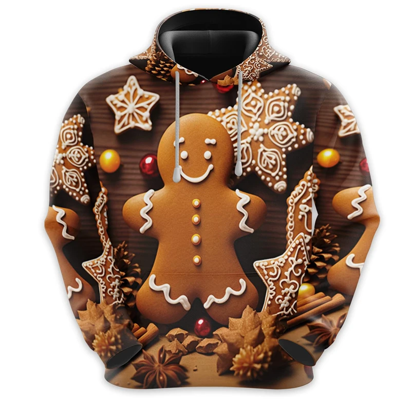 3D Print Christmas Gingerbread Graphic Hoodies Casual Long Sleeve Mens Pullover Clothes Funny Xms Party Hoody Streetwear