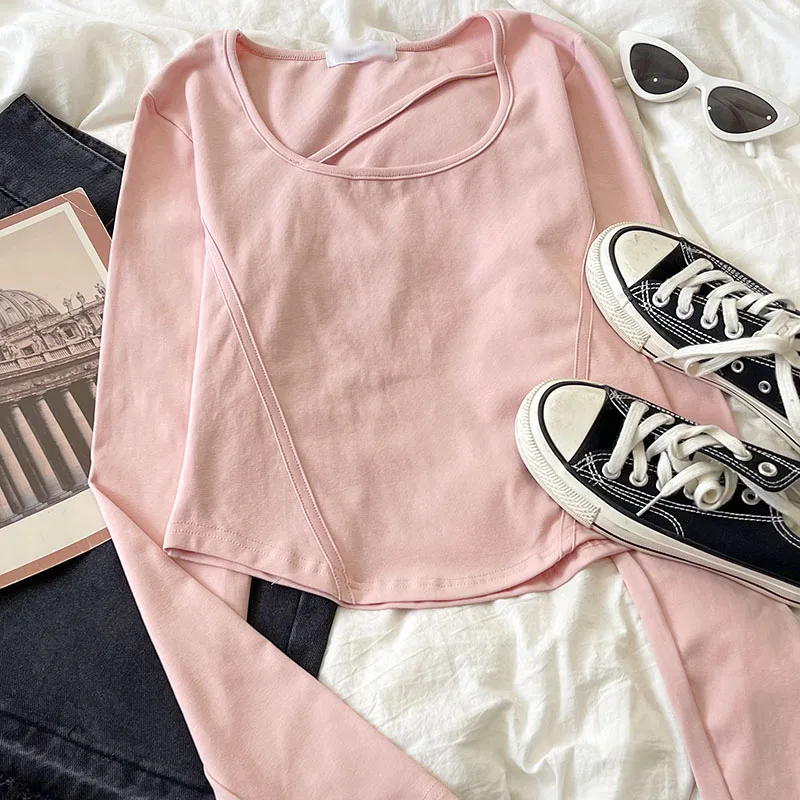 

Простая и однотонная Весенняя футболка с U-образным вырезом и завязками на воротнике, стройнящая футболка с длинными рукавами