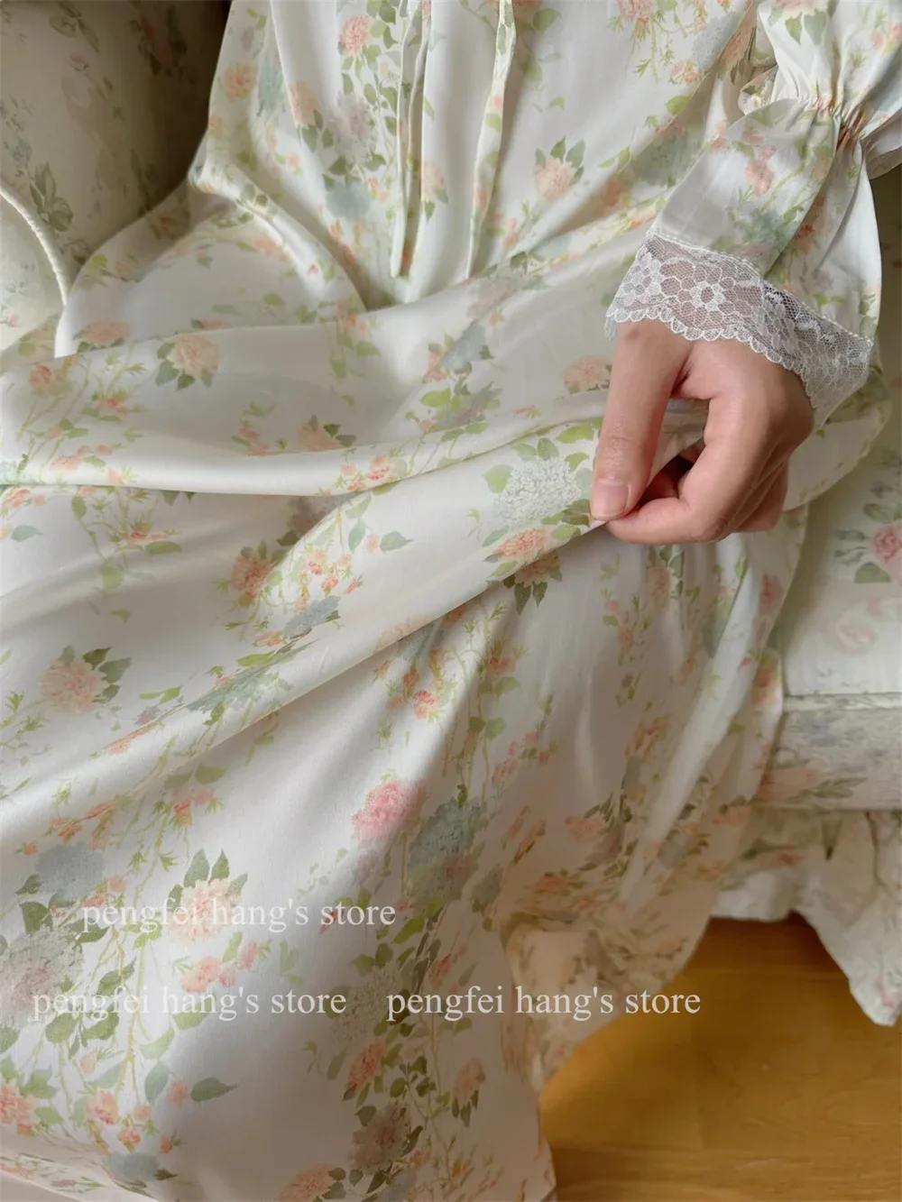 Drukuj kwiat bielizna nocna lodowy jedwab koszula w stylu francuskim Lady elegancki domowy szlafrok z długim rękawem Loungewear