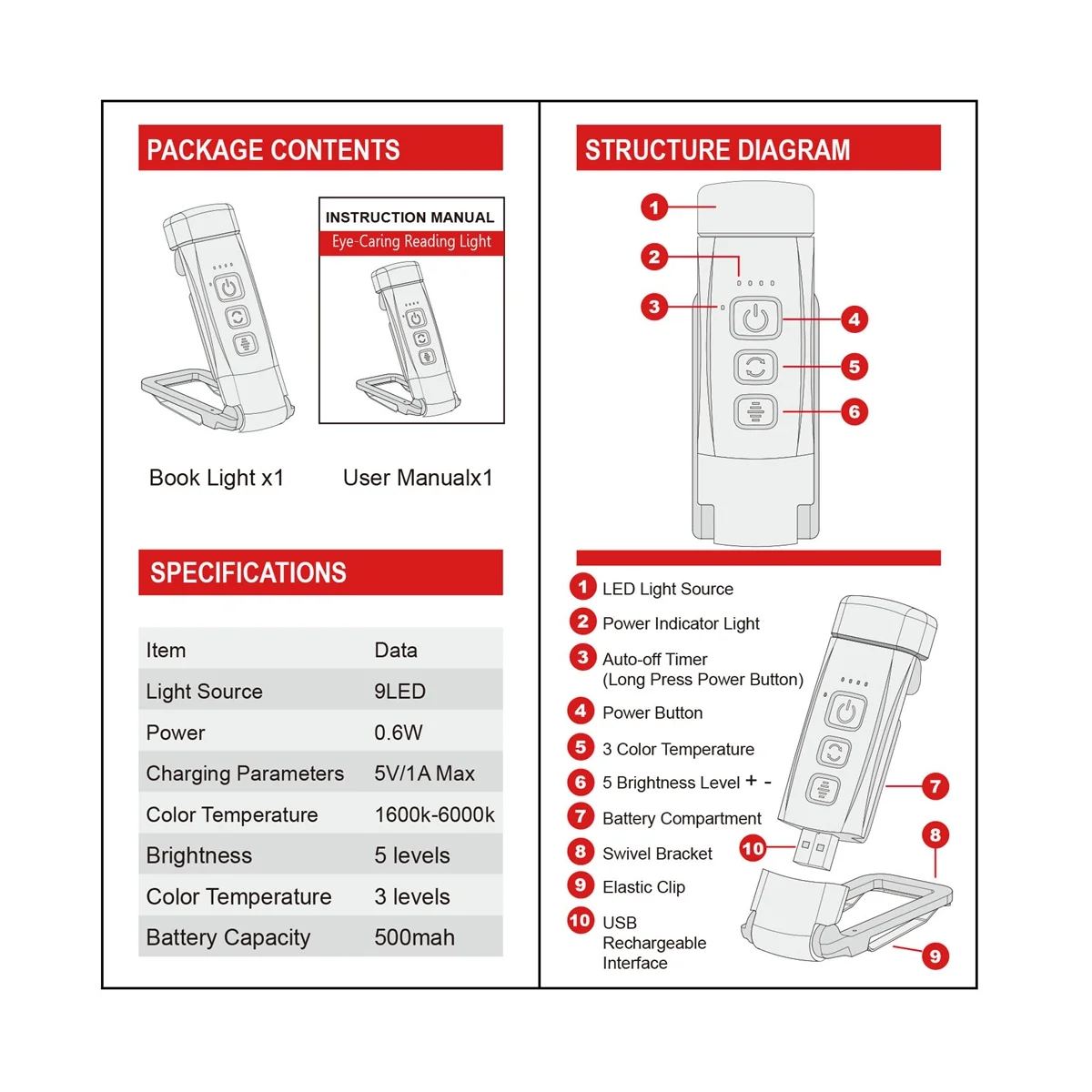 USB-лампа для чтения с таймером 5 яркостей