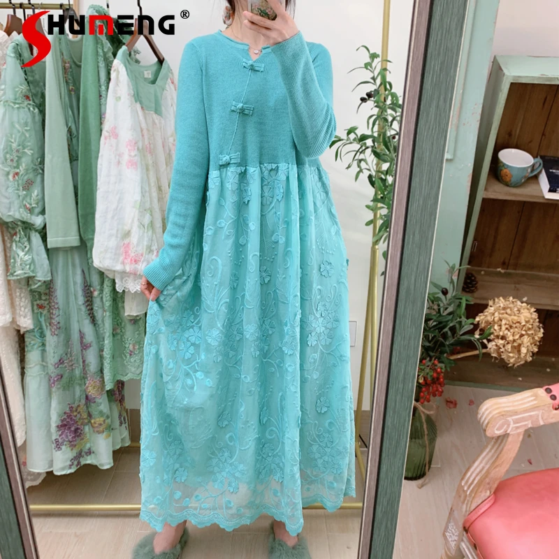 

Original 2022 Spring Retro Chinese Style Buckle Loose Oversized Knitting Dress Women Fashion Stitching Lace Long Knitted Dress
